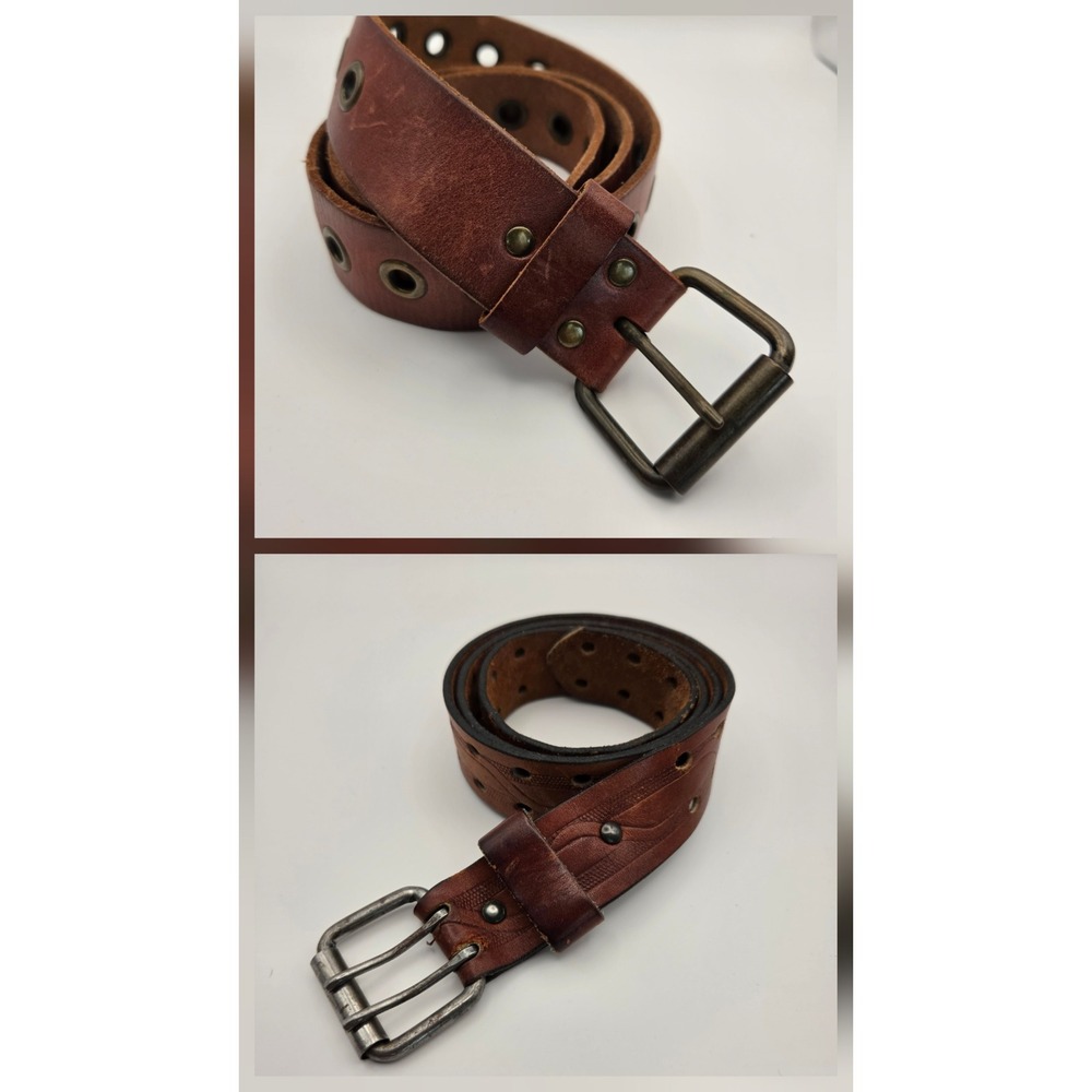 Lot of 2 Women's Brown Leather Belts, One Tooled One Grommets Both 42 Inches